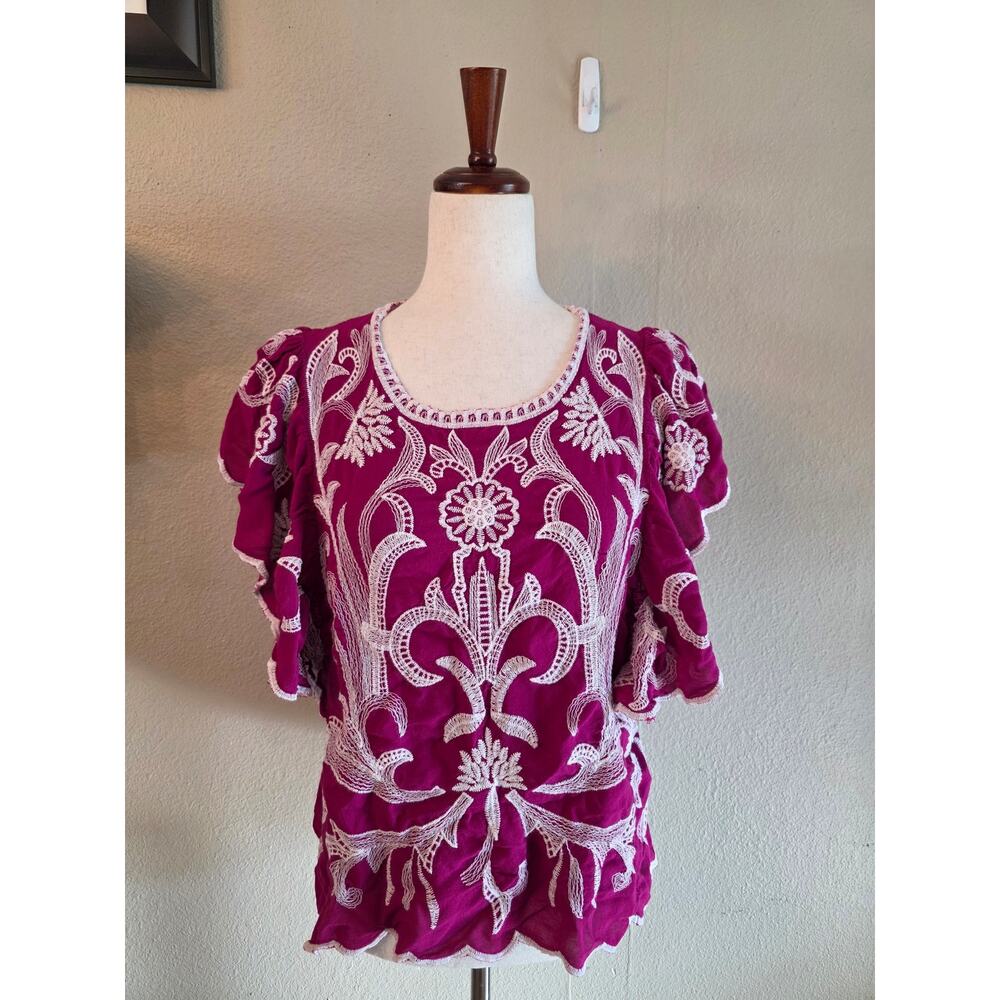 Solitaire Women's Embroidered Flutter Sleeve Blouse SZ Large Boho